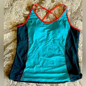 Navy blue and green with orange straps bathing suit top